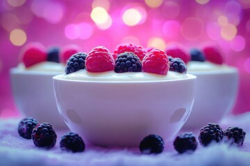 Dessert Bowls with Raspberries and Blackberries Close Up on Pink Bokeh Background Sweet Treat Still Life