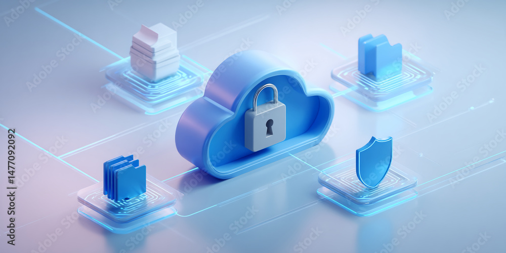 Poster 3d render of cloud computing security, showcasing a locked cloud icon connected to data files and a 