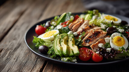 close up of keto salad with chicken and avocado