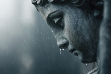 A cinematic close-up in a rainy cemetery focusing on a single stone statue of an angel, with a subtle ghostly face emerging in the marble, moody and realistic