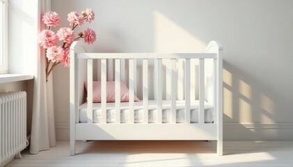 Pastel pink flowers beside a white wooden baby crib in a light, airy nursery , background, children's room