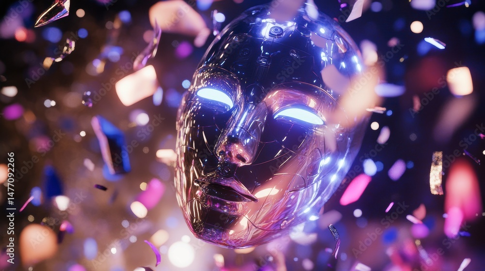 Aufkleber glowing metallic robot face amidst colorful confetti.