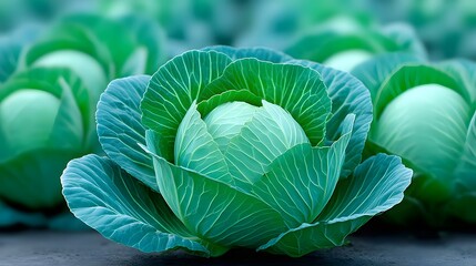 Obraz premium Vibrant green cabbages grow in a well-kept field, showcasing their lush leaves and healthy heads