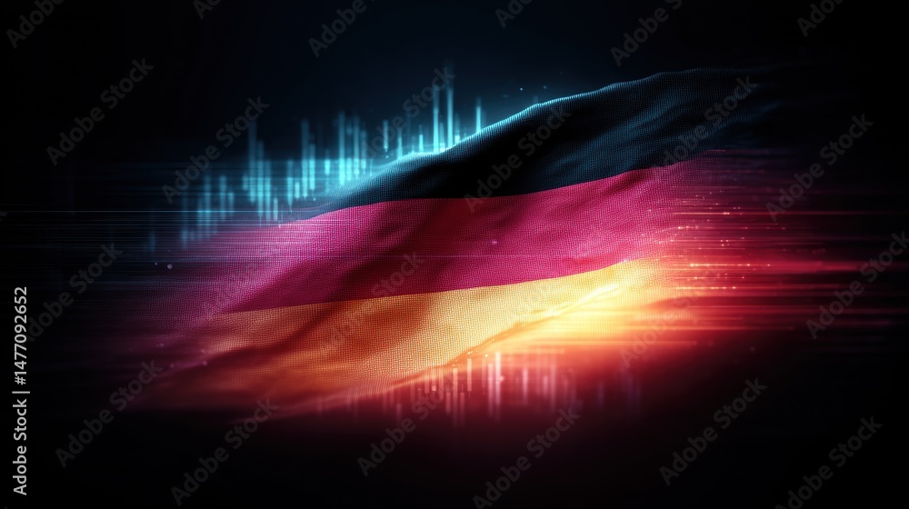 Poster bold german flag superimposed on abstract background with dynamic light effects and colorful waves