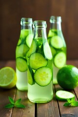Several glass bottles filled with vibrant green cucumber-infused water, wooden backdrop , product photography, infused water