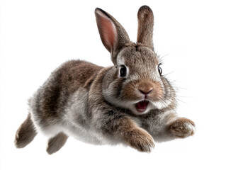 Obraz premium Mid-action white background image of a brown rabbit, eyes wide open, mouth agape, perked ears, fur texture detail, no other objects present - AI-Generated