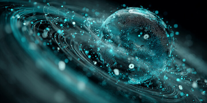 Teal sphere composed of glowing particles, orbiting within swirling lines, suggesting global network, connectivity, or data flow - Powered by Adobe