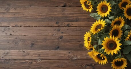 Obraz premium Sunflowers scattered casually on aged wood surface, arrangement, casual, seeds