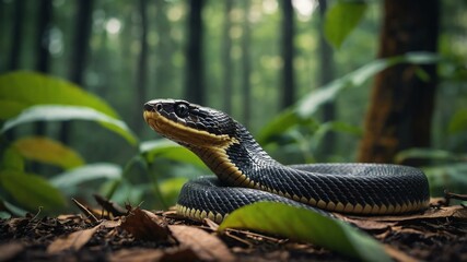 Fototapeta premium Wild animal snake in front of a forest background