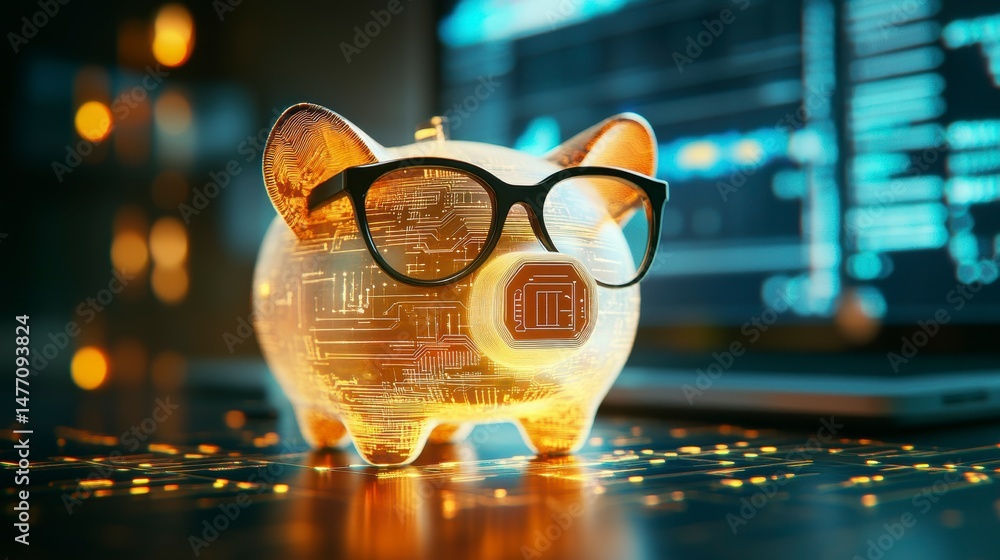 Poster Transparent piggy bank with glasses, circuit board design, on a desk with a laptop displaying code.