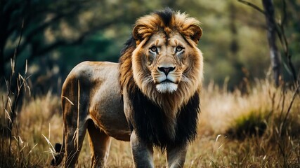 Wild animal lion in front of a forest background