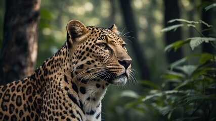 Fototapeta premium Wild animal leopard in front of a forest background