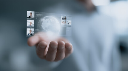 Tech in Hand: A person holds a holographic interface, with the planet earth, connected to a global network, suggesting the future of communication and data.