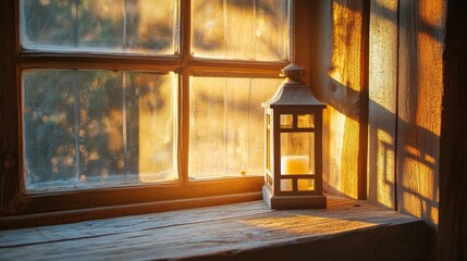 A rustic lantern placed on a wooden windowsill, casting shadows on the wall as the sun sets outside