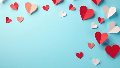 Red and white paper hearts scattered on pastel blue background Top view , cute, hearts, background texture