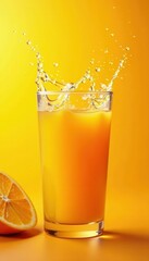 Vibrant orange juice burst, droplets Clean background, ad space , vitamin c, design