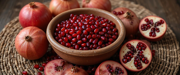 Rustic scene with a clay bowl of pomegranate seeds, surrounded by whole and halved fruit on a round woven mat. Earthy tones, cozy atmosphere.