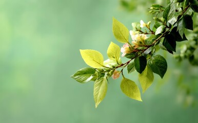 Spring Blossoms and New Leaves on a Branch