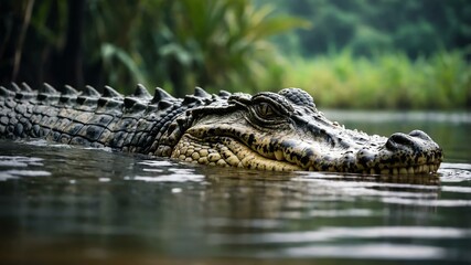 Obraz premium Wild animal crocodile in front of a forest background
