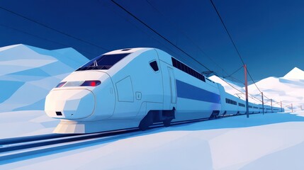 Modern train travels through a snowy mountain landscape.