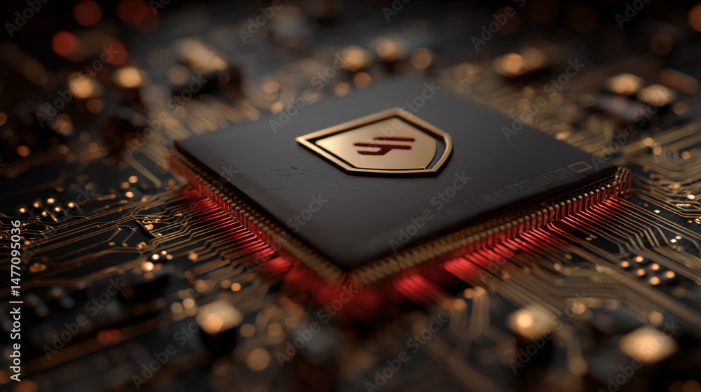 Poster close-up of a gold-colored logo on a dark processor, set on a circuit board with illuminated connect