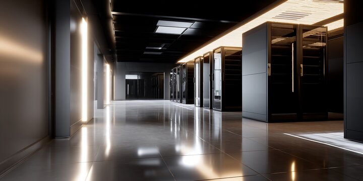 Dark, modern server room hallway with sleek, illuminated walls
