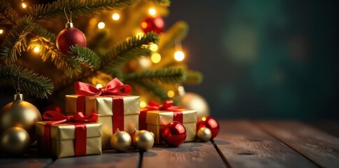 Elegant golden gifts under glowing Christmas tree , gifts, decor, banner