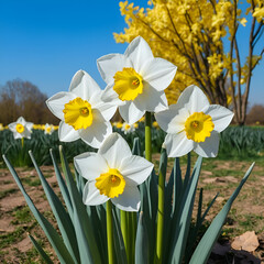 Fototapeta premium White Narcissus poeticus with yellow perianth against blue sky and yellow leaves in spring in the garden, Ukraine