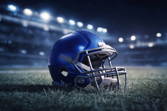 Close-up of a blue and white American football helmet with dark visor, resting on grass turf in a stadium setting, under stadium lights - AI-Generated