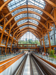 Modern Wooden Train Station Interior Architecture  Grand Hall Design with High Ceilings and Natural Light