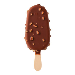 Fototapeta premium Chocolate-covered ice cream bar with nut topping on a wooden stick, isolated