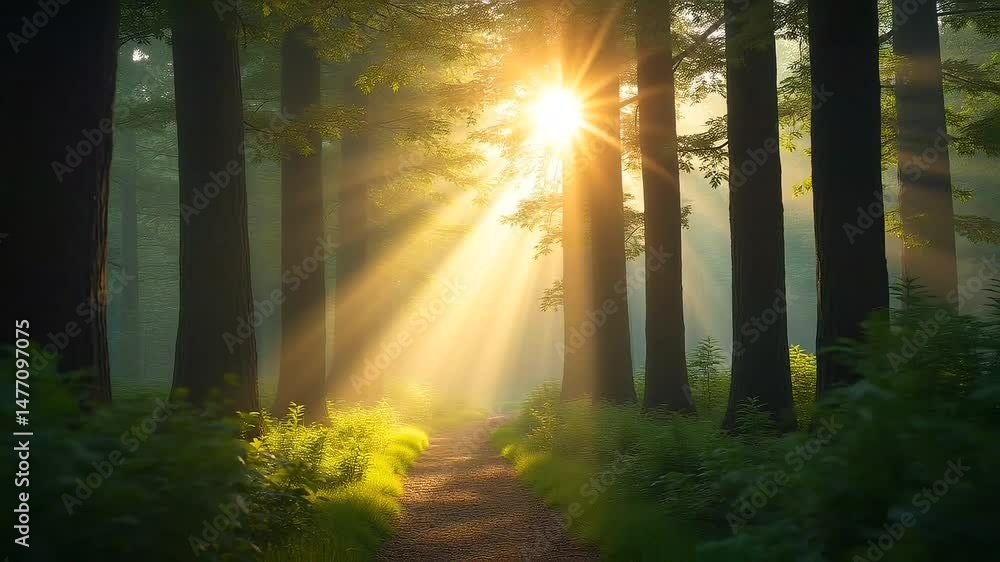 Poster sunlight streaming through tall trees in a serene forest setting at dawn brings tranquility and natu