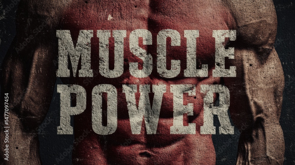 Poster muscle power typographic design featuring ripped abs and textured background showcasing strength and