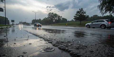 Car driving slowly on a wet, rain-covered road, caution and safety in bad weather
