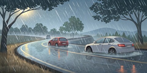 Driver navigating through a rainy street, emphasizing awareness and caution in slippery conditions