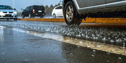 Highway in heavy rain with water splashes and reduced visibility, representing slippery roads