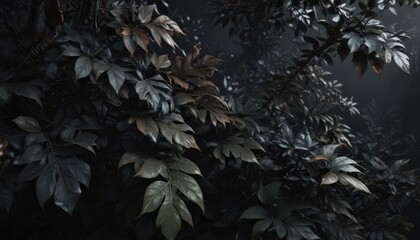Luxurious dark foliage, overlapping leaves; rich textures, mysterious depth, illustration, art