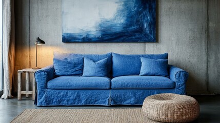 Fototapeta premium Modern Living Room with Blue Sofa and Abstract Art