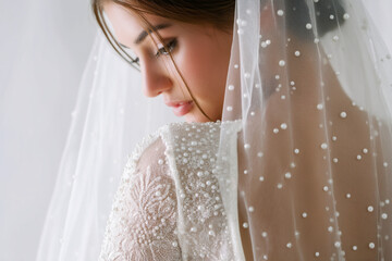 Elegant Bride Adorned in Lace and Pearl-Studded Veil on Wedding Day