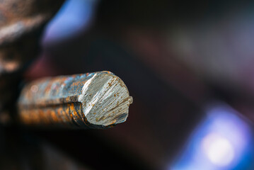 Close-up of ribbed steel rebars used in reinforced concrete