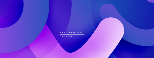 Abstract fluid shapes, vibrant purple hues blend into blues. Modern design creates dynamic visual experience.