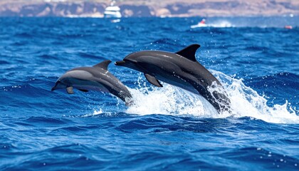 Fototapeta premium Dolphin duo dynamically leap and splash through azure ocean waves, creating a vibrant aquatic scene