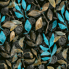 Abstract Hand Drawn Yellow Gold and Blue Botanical Seamless Pattern with Leaves and Textures on Black Background
