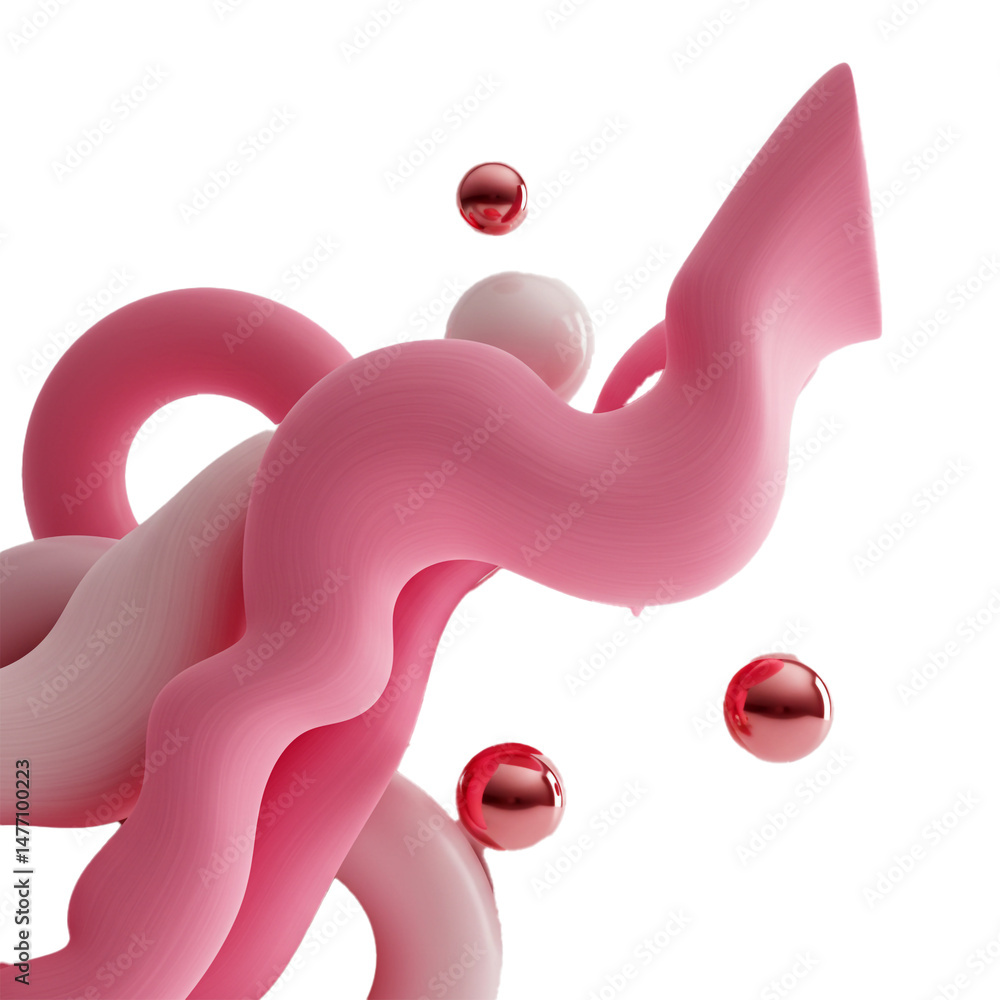 Poster pink abstract composition with rounded shapes and shiny spheres design