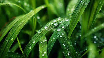 Naklejka premium Fresh lush green grass on meadow with drops of water dew, close, up macro