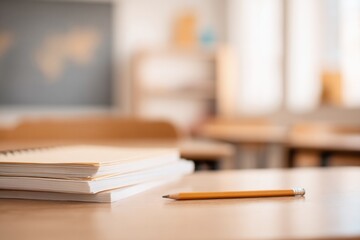 capture quiet classroom moment in alternative school with minimalistic decor and blurred students in background