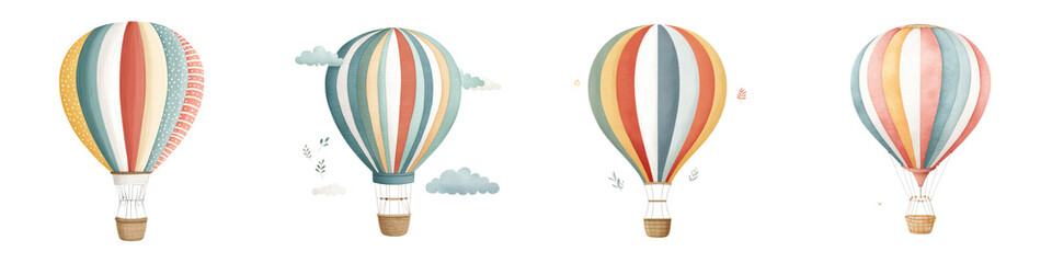 Colorful hot air balloons in various styles, featuring vibrant stripes and floating clouds, ideal for travel themes, children's decor, and adventure graphics