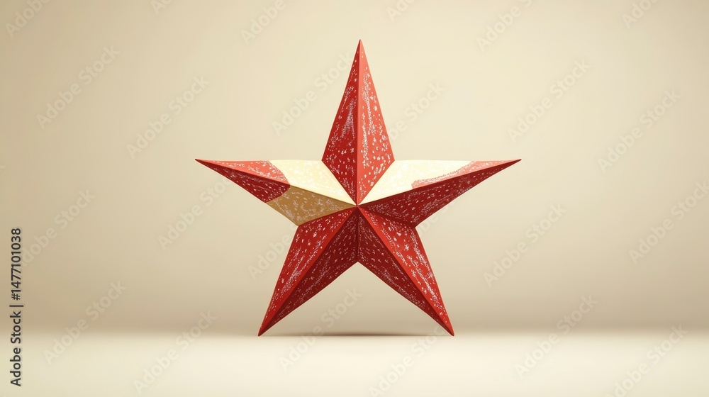 Poster Red and beige five-pointed star with intricate pattern, isolated on light background.
