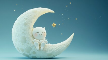 Obraz premium Cute cartoon character sleeping on a crescent moon under a starry night sky.