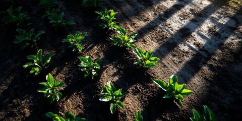 Young green plants growing in rows in dark soil. Sunlight casts shadows
